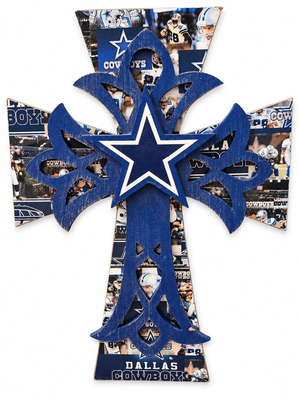 Dallas Cowboys Blue White Wooden Cross Wall Plaque with Star, Vertical